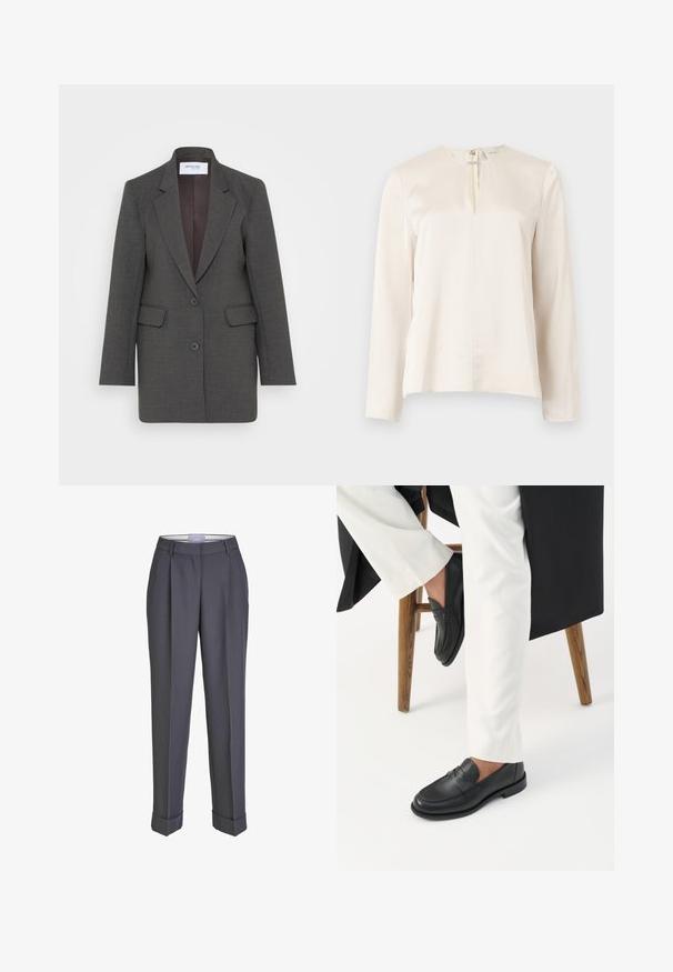 Grå blazer med en skræddersyet pasform, der har nøddeklapper, to forlommer og to knapper foran. Foret inderside i en mørkere nuance.; Cremefarvet bluse med lange ærmer, rund halsudskæring, frontplissering og skjult lynlås bagpå. Glat, silkeblød tekstur.; Mørkegrå skræddersyede bukser med lige ben, plisseret for og opsmøgte manchetter. Lavet af glat stof med en klassisk talje.; Person iført sorte læder loafers og hvide bukser, siddende på en træskammel mod en hvid baggrund.