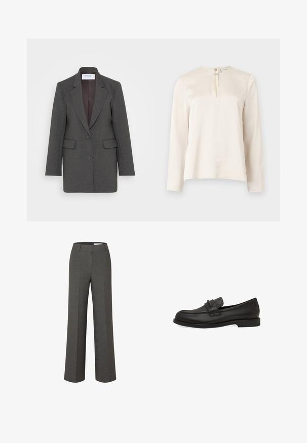 Grå blazer med en skræddersyet pasform, der har nøddeklapper, to forlommer og to knapper foran. Foret inderside i en mørkere nuance.; Cremefarvet bluse med lange ærmer, rund halsudskæring, frontplissering og skjult lynlås bagpå. Glat, silkeblød tekstur.; Mørkegrå skræddersyede bukser med vide ben, frontbirl og taljebånd med bæltestropper på hvid baggrund.; Sort læder slip-on loafer med lav hæl og en remdetalje over overdelen, vist fra siden på hvid baggrund.