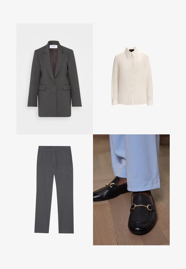 Grå blazer med en skræddersyet pasform, der har nøddeklapper, to forlommer og to knapper foran. Foret inderside i en mørkere nuance.; Hvid langærmet bluse med spidse krave, otte knaplukninger og knapmanchetter, lavet af et glat, letvægtsstof.; Grå dressbukser lavet af glat stof, med en lige ben-design, frontlommer og et taljebånd med bæltestropper.; Sorte læder loafers med guld metalbit detalje båret med lyseblå bukser på trægulv.
