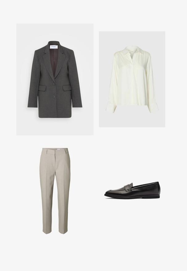 Blazer gris avec une coupe ajustée, doté de revers crantés, de deux poches avant et de deux boutons sur le devant. Doublure intérieure dans une teinte plus foncée.; Blouse blanche en satin à manches longues avec col classique et patte de boutonnage cachée, présentée sur un fond uni gris clair.; Pantalon beige sur mesure avec passants pour ceinture, fermeture éclair avant et plis marqués sur les jambes, présenté sur fond blanc.; Mocassin en cuir noir avec une finition lisse, un bout arrondi et des accents en double couture sur le dessus. Semelle en caoutchouc plate pour plus de confort.