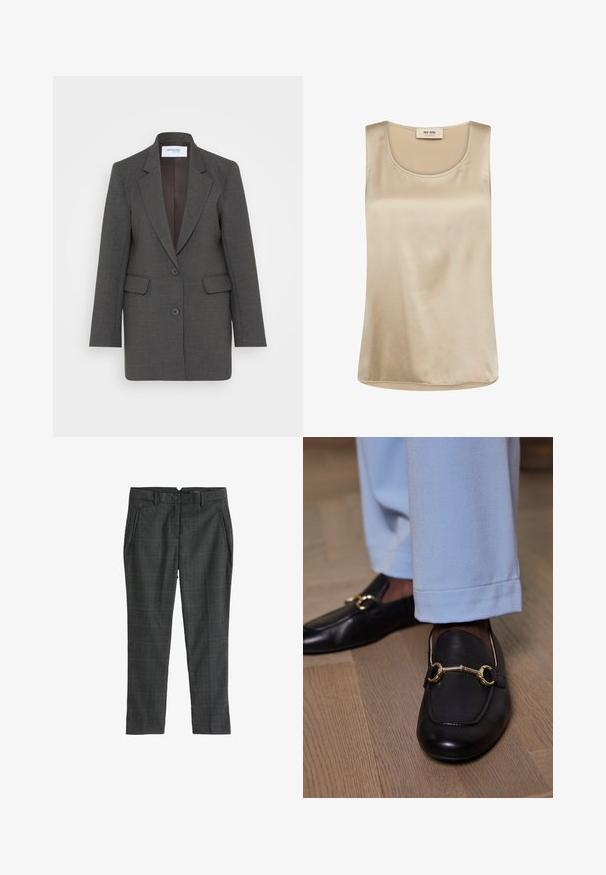 Grå blazer med en skræddersyet pasform, der har nøddeklapper, to forlommer og to knapper foran. Foret inderside i en mørkere nuance.; Ærmeløs beige satin top med rund halsudskæring og Mos Mosh mærkat inde i kraven.; Next PETITE - Bukser - grey black; Sorte læder loafers med guld metalbit detalje båret med lyseblå bukser på trægulv.