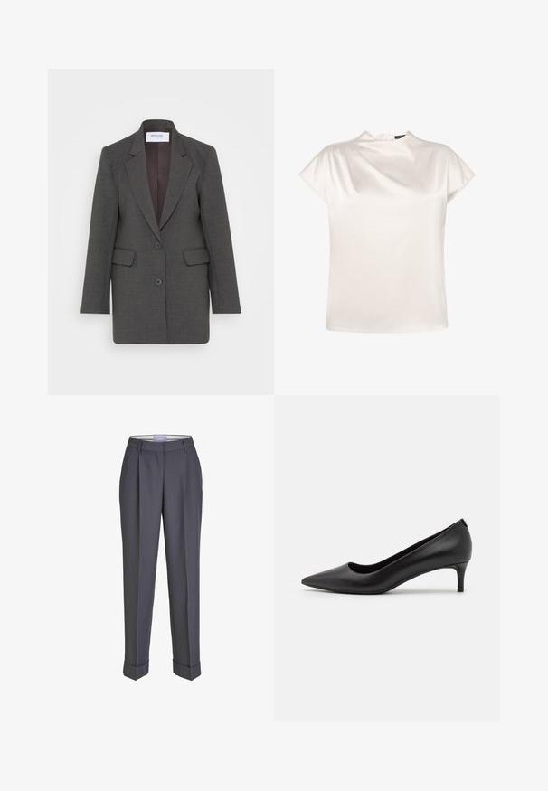 Grijze blazer met een getailleerde pasvorm, voorzien van gezakte revers, twee voorkruiszakken en twee knopen aan de voorkant. Gevoerde binnenkant in een donkere tint.; zero Blouse - eggnog; Donkergrijze op maat gemaakte broek met een recht gesneden ontwerp, geplooid voorpand en omslagmanchetten. Gemaakt van soepel materiaal, met een klassieke tailleband.; Zwarte leren pump met spitse neus en een lage hak. Soepele textuur, strakke design en subtiele details bij de hak.