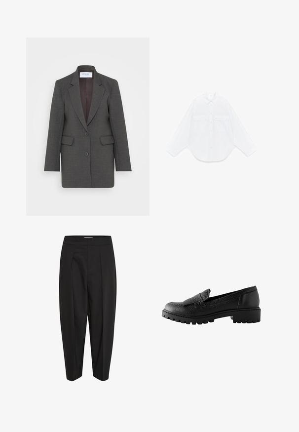 Grauer Blazer mit taillierter Passform, mit geschliffenen Revers, zwei Fronttaschen und zwei Frontknöpfen. Futter in einer dunkleren Farbe.; Weißes langärmliges Hemd mit Knöpfen, spitzem Kragen und zwei vorderen Pattentaschen mit Knöpfen, auf weißem Hintergrund flach liegend.; Schwarze Hose aus glattem Material, mit hoher Taille, Mittelfalte und schmal zulaufenden Beinen. Keine sichtbaren Taschen oder Verzierungen.; Schwarze Lederloafer zeichnen sich durch eine strukturierte Oberfläche, ein einfaches Anziehdesign und eine dicke, geriffelte Sohle aus, die für besseren Halt sorgt.