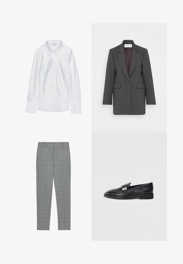 Blazer gris avec une coupe ajustée, doté de revers crantés, de deux poches avant et de deux boutons sur le devant. Doublure intérieure dans une teinte plus foncée.; Chemise blanche à manches longues avec un col classique, dotée d'une fermeture à boutons sur le devant et d'une texture lisse, fabriquée en tissu léger avec un éclat subtil.; Pantalons tapered à carreaux gris avec passants de ceinture et devant plat, conçus pour une coupe ajustée.; Mocassin en cuir noir avec une boucle rectangulaire en argent sur le dessus et un petit talon, sur fond blanc.