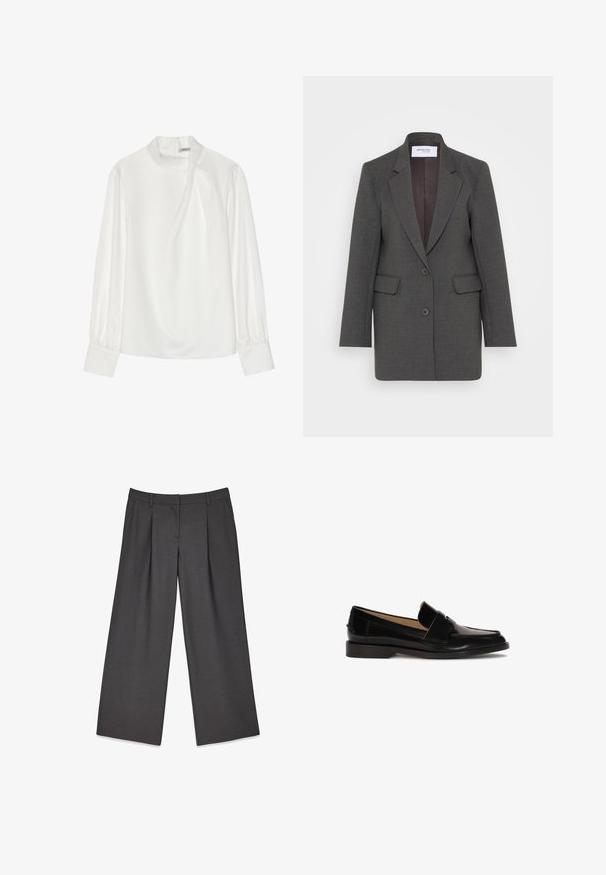 Blazer gris avec une coupe ajustée, doté de revers crantés, de deux poches avant et de deux boutons sur le devant. Doublure intérieure dans une teinte plus foncée.; Blouse blanche avec un col montant, des manches longues bouffantes et une fermeture éclair au dos. Tissu lisse avec un léger éclat et une drapé subtile.; Pantalons larges gris en tissu lisse, dotés de plis avant, d'une fermeture éclair et de passants de ceinture pour un ajustement réglable.; Mocassins en cuir noir avec une finition lisse, à bout rond, et une sangle décorative sur le devant. Design à faible talon carré.
