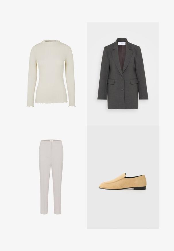 Grijze blazer met een getailleerde pasvorm, voorzien van gezakte revers, twee voorkruiszakken en twee knopen aan de voorkant. Gevoerde binnenkant in een donkere tint.; Langarmtop van lichtroom ribstof met een gestructureerde afwerking. Heeft een gegolfde halslijn en zoom voor extra detail.; Lichtgrijze op maat gemaakte broeken met een gladde textuur, slim fit en een klassieke tailleband. Geen zichtbare zakken of versieringen.; NEOUS POLARIS - Instappers - sand