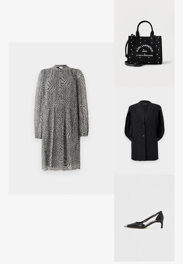 Zwarte op maat gemaakte blazer met ingesneden revers, twee knopen aan de voorkant, mouwboorden met knopen en een borstzak, weergegeven op een witte achtergrond.; Zwart-witte jurk tot de knie met lange doorschijnende mouwen, knoopsluiting aan de voorkant, losse pasvorm en een abstract vlekkenpatroon op lichte stof.; Zwart leren kittenhak met puntige zilveren neus en dubbele gespsluitingen op een witte achtergrond.; Zwarte Karl Lagerfeld tote tas met witte studs, dubbele handvatten, afneembare schouderriem en tekst "Paris 21 Rue St-Guillaume" aan de voorzijde.