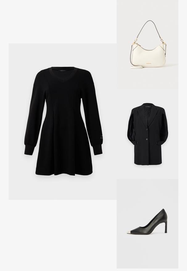 Zwarte op maat gemaakte blazer met ingesneden revers, twee knopen aan de voorkant, mouwboorden met knopen en een borstzak, weergegeven op een witte achtergrond.; Zwart langekorte jurk met V-hals, aansluitende taille, uitlopende rok en ribgebreide manchetten, gepresenteerd op een plain witte achtergrond.; Zwarte leren hoge hak met een spits toelopende neus en een metalen zilverkleurige kap. Heeft een gladde afwerking en een slanke hak van 10 cm.; Witte leren schoudertas met goudkleurige hardware, zwarte biezen en afneembare schouderriem. Michael Kors-logo in goud onderaan in het midden.