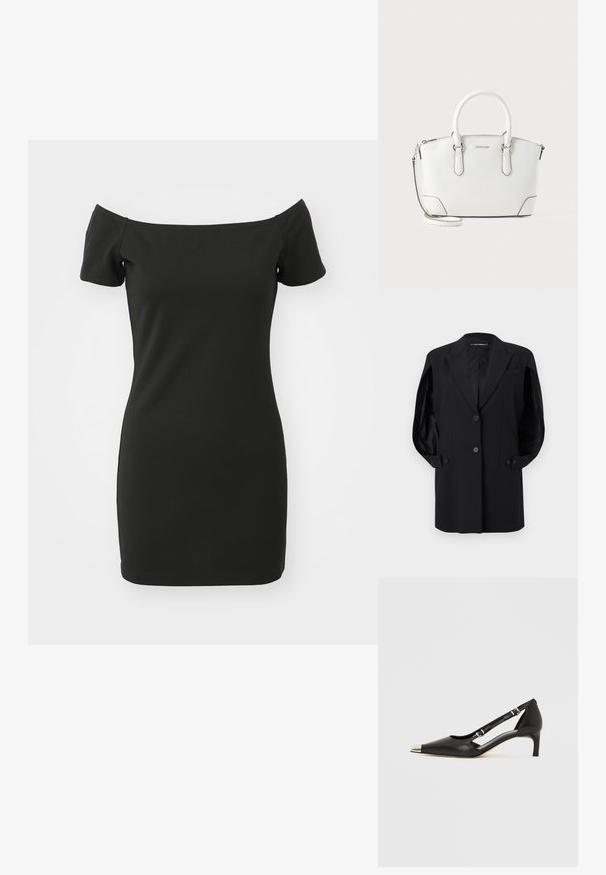 Zwarte op maat gemaakte blazer met ingesneden revers, twee knopen aan de voorkant, mouwboorden met knopen en een borstzak, weergegeven op een witte achtergrond.; Zwarte off-shoulder jurk van rekbaar materiaal, met kortere mouwen en een aansluitende pasvorm. Soepele textuur zonder patronen.; Zwart leren kittenhak met puntige zilveren neus en dubbele gespsluitingen op een witte achtergrond.; Witte leren handtas met een korrelige textuur, afgeronde bovenhandvatten, een afneembare schouderriem en zilverkleurige hardware accenten.