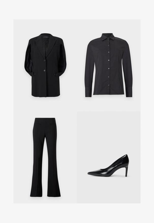 Blazer negro a medida con solapas de muesca, dos botones frontales, puños con botones y un bolsillo en el pecho, presentado sobre un fondo blanco.; Camisa negra de manga larga con botones, cuello clásico, ajuste entallado y detalles de costuras sobre un fondo gris claro.; Pantalones acampanados negros hechos de una tela suave con una cintura alta, que cuentan con dos bolsillos traseros y una línea en el frente de cada pierna.; Zapato de tacón alto de cuero negro con punta afilada, textura suave y tacón en forma de cono. Diseño minimalista, sin adornos adicionales.