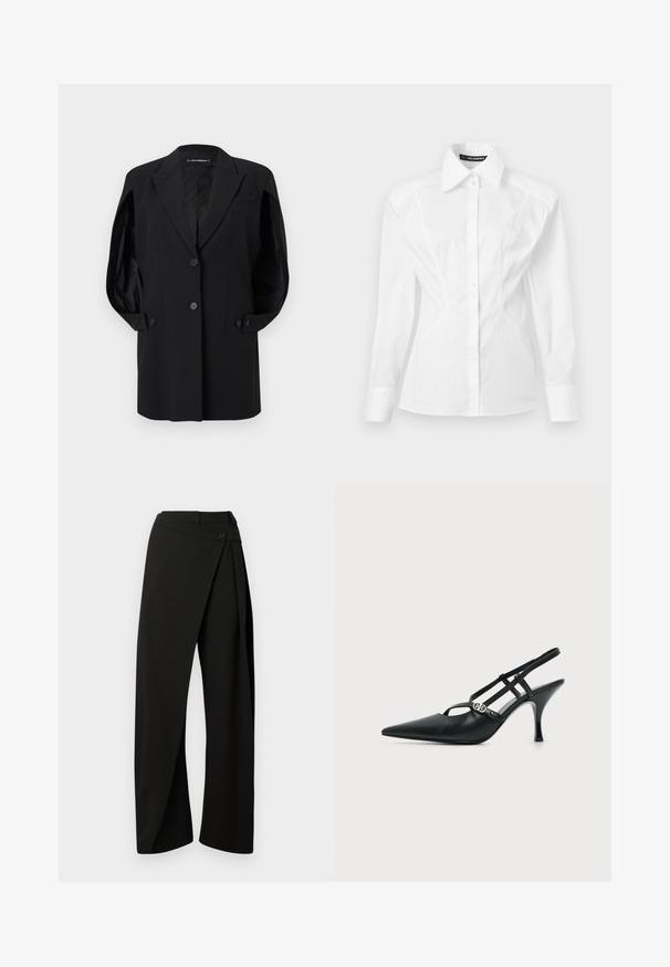 Schwarzer, maßgeschneiderter Blazer mit Kerbkragen, zwei vorderen Knöpfen, geknöpften Ärmelabschlüssen und einer Brusttasche, dargestellt auf weißem Hintergrund.; Weißes, langärmeliges, tailliertes Damenhemd mit spitzem Kragen, vorderer Knopfleiste und dezenten Nahtdetails an den Seiten.; Schwarze weit geschnittene Hose mit einem vorderen Wickelpanel und einem Knopfverschluss an der Taille, vor weißem Hintergrund präsentiert.; Schwarzer Lederslingback mit spitzer Spitze, dünnen Riemen und einer kleinen silbernen dekorativen Schnalle an der Seite.