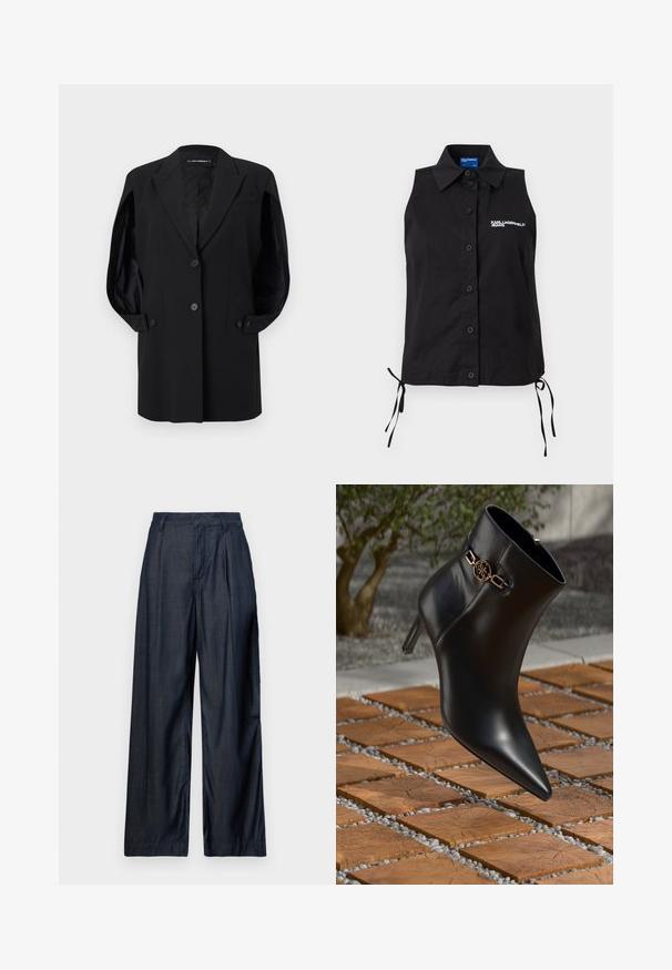 Schwarzer, maßgeschneiderter Blazer mit Kerbkragen, zwei vorderen Knöpfen, geknöpften Ärmelabschlüssen und einer Brusttasche, dargestellt auf weißem Hintergrund.; Ärmelloses, schwarzes Hemd mit Knöpfen, Kragen, seitlichen Bändern und weißem "KARL LAGERFELD JEANS"-Logo auf der linken Brustseite.; Dunkelblaue, weite Hosen aus glattem Stoff, mit Falten an der Vorderseite und einem Bund mit Gürtelschlaufen.; Schwarze Leder-Ankle-Boots mit spitzem Zehen und kleinem Absatz. Mit einem goldenen Kettenakzent am Knöchel. Umgeben von einer strukturierten Steoberfläche.