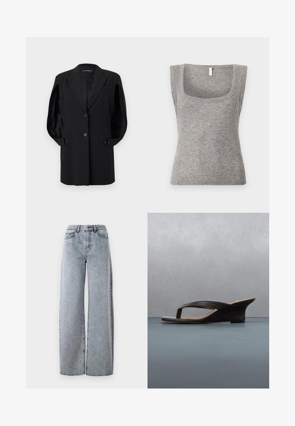 Zwarte op maat gemaakte blazer met ingesneden revers, twee knopen aan de voorkant, mouwboorden met knopen en een borstzak, weergegeven op een witte achtergrond.; Grijs mouwloos geribd tanktop met een vierkante halslijn en een aansluitend silhouet, met een gladde textuur en lichte rekbaarheid.; Licht gewassen denim wijde pijpen jeans met een hoge tailleband, voorzien van voorzakken, riemlussen en contrasterende stiksels.; Zwarte sleehak sandaal met teenslippers op een houten plank en stenen grond buiten, nabij groene planten en een betonnen muur.
