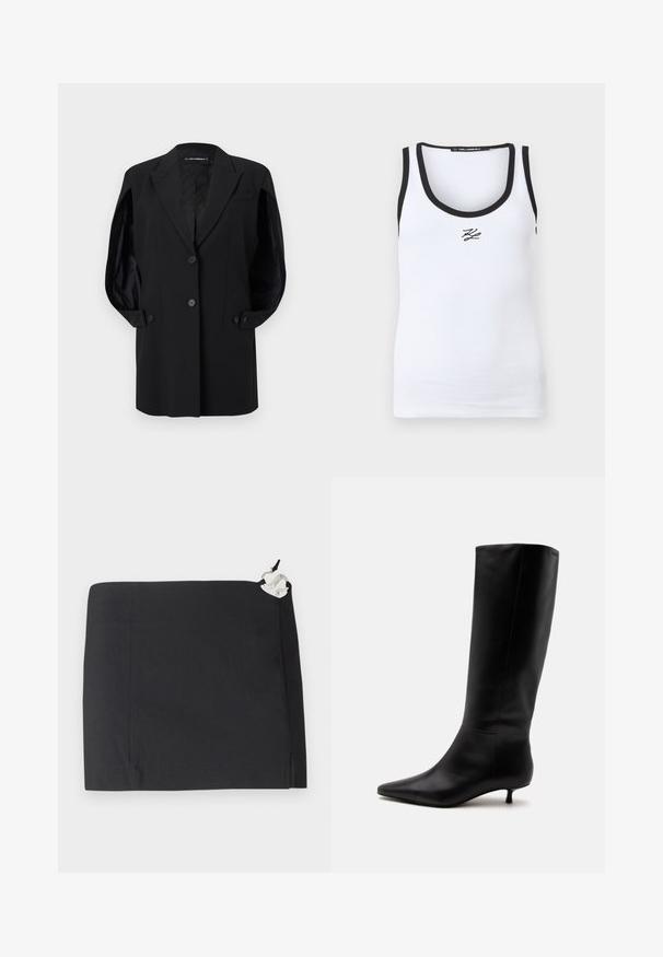 Blazer negro a medida con solapas de muesca, dos botones frontales, puños con botones y un bolsillo en el pecho, presentado sobre un fondo blanco.; Camiseta sin mangas blanca acanalada con ribete negro en el escote y las sisas, con un pequeño logo negro "KL" centrado debajo del escote.; Falda negra con un diseño elegante, forma recta y textura suave. Incluye un detalle de hardware blanco en el lateral.; Bota alta de cuero negro hasta la rodilla con puntera puntiaguda y tacón bajo tipo kitten sobre un fondo claro y liso.