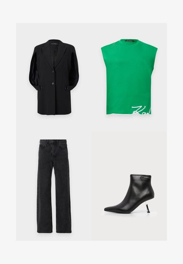 Blazer noir cintré avec revers crantés, deux boutons sur le devant, poignets de manche à boutons et une poche poitrine, présenté sur un fond blanc.; Haut vert sans manches avec épaules rembourrées et texte cursif blanc « Karl » près de l'ourlet inférieur sur un fond blanc.; Jean en denim noir à coupe large, avec un style classique à cinq poches, fermeture à bouton et légère décoloration.; Bottine en cuir noir avec un bout pointu et un talon aiguille argenté brillant sur fond blanc.