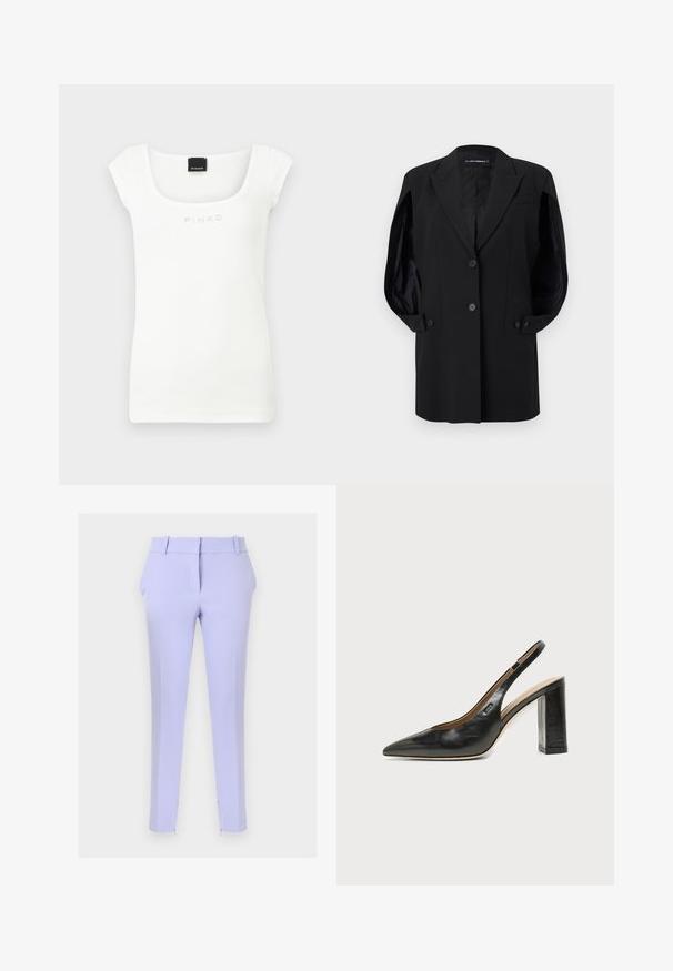 Blazer noir cintré avec revers crantés, deux boutons sur le devant, poignets de manche à boutons et une poche poitrine, présenté sur un fond blanc.; Haut sans manches en maille côtelée blanche avec large encolure carrée et logo "PINKO" brodé sur la poitrine.; Pantalon sur mesure lilas à coupe droite, devant plat, passants pour ceinture et détails zippés à la cheville. Tissu lisse sans motifs.; Chaussure slingback en cuir noir à bout pointu avec un talon bloc et un petit logo sur le côté, sur un fond blanc uni.
