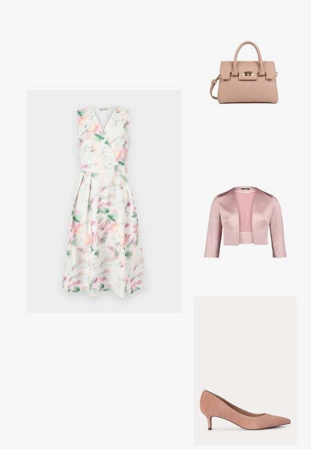 Veste courte en satin rose lisse avec des manches trois-quarts et un col châle. Elle présente un design simple et sans embellissements.; Robe midi blanche sans manches avec imprimé floral aquarelle pastel, corsage cache-cœur en V, taille cintrée et jupe plissée.; Chaussure femme en daim rose blush à petit talon, bout pointu et talon kitten fin sur fond clair uni.; Sac à main en cuir texturé beige avec des poignées supérieures, fermeture à rabat en métal doré, et bandoulière détachable, posé sur un fond blanc.