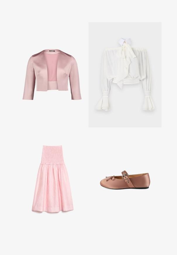 Veste courte en satin rose lisse avec des manches trois-quarts et un col châle. Elle présente un design simple et sans embellissements.; Blouse blanche à épaules dénudées avec des manches longues bouffantes, des poignets évasés, un col montant avec un bouton, et un nœud décoratif à l'avant.; Jupe midi rose clair en tissu texturé, taille haute smockée et ourlet évasé froncé.; Ballet flats en satin rose avec bout rond, nœud décoratif et bride de cheville avec boucle en argent et œillets. Semelle plate noire.