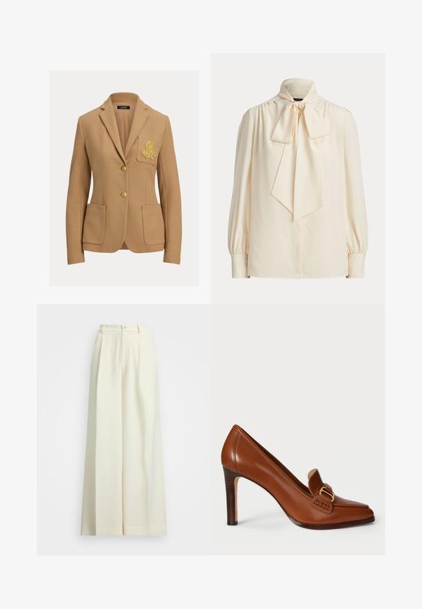 Blazer beige con tela texturizada, dos botones dorados y un bolsillo en el pecho con un logo bordado en dorado. Incluye dos bolsillos delanteros.; Blusa cremosa de manga larga con cuello alto y un gran lazo atado en el cuello, con hombros fruncidos y mangas con puños.; Pantalones de pierna ancha en tejido blanco roto, con cintura alta, pinzas dobles y cierre de botón. Textura suave y diseño a medida.; Zapato de tacón alto de cuero marrón con punta afilada, que presenta una correa decorativa y herrajes en tono dorado a lo largo del empeine. Textura suave.