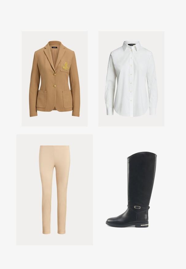 Blazer beige avec un tissu texturé, deux boutons dorés, et une poche poitrine ornée d'un logo brodé en or. Comprend deux poches avant.; Chemise blanche à manches longues avec col pointu, boutons sur le devant et ourlet légèrement incurvé.; Pantalon beige slim fit longueur cheville avec une finition lisse, sans poches visibles ni ornements, sur un fond uni.; Botte noire en cuir arrivant au genou, avec un bout arrondi, un design minimaliste, une fine sangle à la cheville et un accent doré sur le talon.