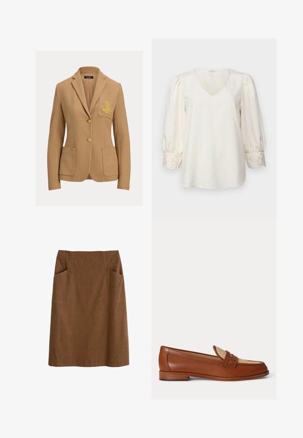 Blazer beige con tela texturizada, dos botones dorados y un bolsillo en el pecho con un logo bordado en dorado. Incluye dos bolsillos delanteros.; Blusa color crema con escote en V, mangas largas abullonadas y detalles bordados en los puños. Tejido suave con un corte holgado.; Falda de algodón marrón con cintura ajustada, dos bolsillos laterales y corte recto. La tela tiene una textura suave y un brillo sutil.; Mocasín de cuero marrón con panel beige tejido en la parte superior, tacón bajo de madera y diseño tradicional de correa de moneda sobre fondo blanco.