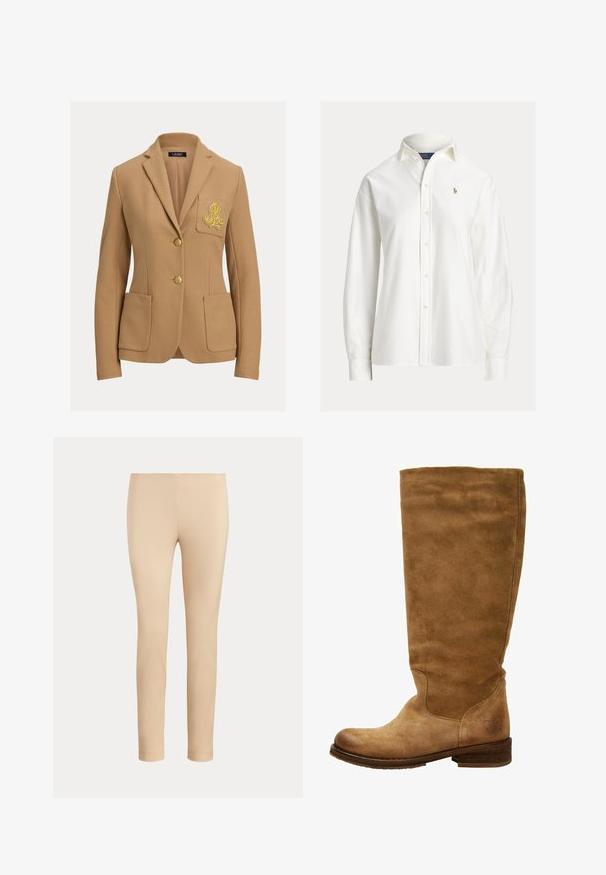 Beige blazer med struktureret stof, to guldbelagte knapper og en brystlomme med et broderet logo i guld. Indeholder to forlommer.; Hvid langærmet skjorte med knapper, krave og lille broderet logo på venstre bryst.; Beige slim-fit ankellange bukser med en glat finish og uden synlige lommer eller pynt på en ensfarvet baggrund.; Brune ruskinds knæhøje støvler med rund tå og lav blokhæl. Glat overflade, minimal syning, og et logodetail nær hælen.