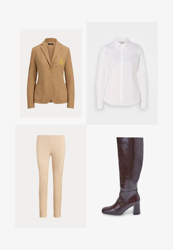 Beige blazer med struktureret stof, to guldbelagte knapper og en brystlomme med et broderet logo i guld. Indeholder to forlommer.; Hvid skjorte med knaplukning lavet af glat bomuld, med klassisk krave, lange ærmer og et diskret logo på brystet. Har frontknaplukning.; Beige slim-fit ankellange bukser med en glat finish og uden synlige lommer eller pynt på en ensfarvet baggrund.; Brune læder knæhøje støvler med firkantet tå og en chunky hæl. Finishen er blank, hvilket fremhæver den glatte tekstur og designlinjer.