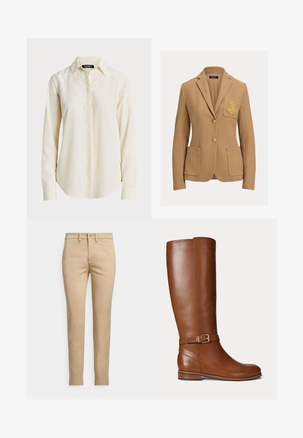 Blazer beige avec un tissu texturé, deux boutons dorés, et une poche poitrine ornée d'un logo brodé en or. Comprend deux poches avant.; Chemise à manches longues crème clair avec un col pointu, un devant à boutons et une texture lisse ; présente un ourlet arrondi et une coupe ajustée.; Chinos en coton beige avec une coupe droite, dotés d'une fermeture à bouton, de poches avant et de détails cousus le long des coutures.; Botte en cuir marron montant jusqu’au genou avec une petite boucle dorée et le logo "RL" sur la sangle près de la cheville, talon plat et finition lisse.