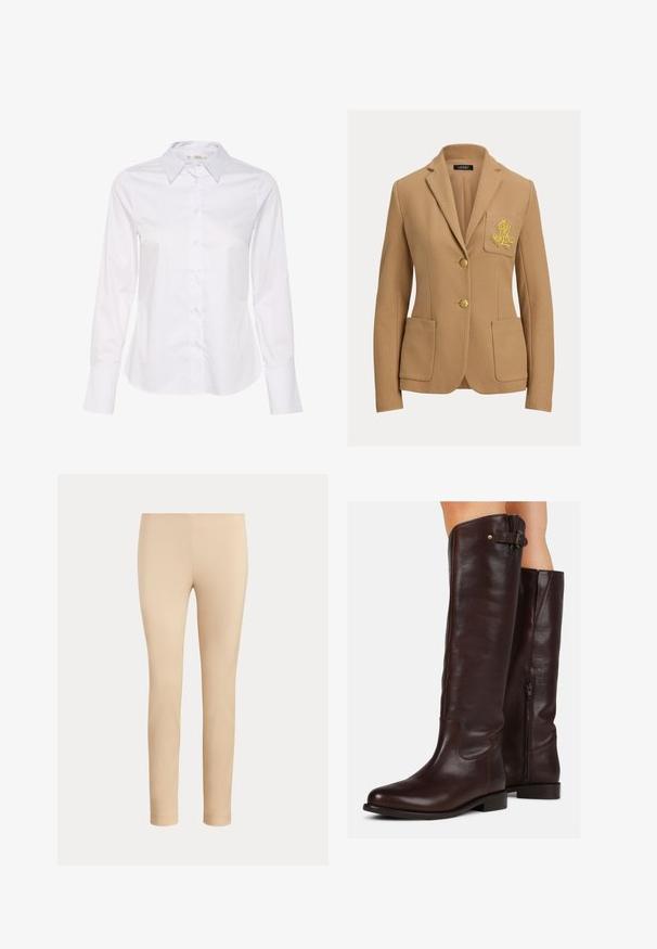 Blazer beige avec un tissu texturé, deux boutons dorés, et une poche poitrine ornée d'un logo brodé en or. Comprend deux poches avant.; Chemise blanche à manches longues avec un col classique, une fermeture par boutons à l'avant et un ourlet droit. Fabriquée en tissu lisse avec un design épuré.; Pantalon beige slim fit longueur cheville avec une finition lisse, sans poches visibles ni ornements, sur un fond uni.; Bottes marron en cuir montantes avec un bout arrondi, fermeture éclair latérale et un petit détail de boucle en haut, présentant une texture lisse.
