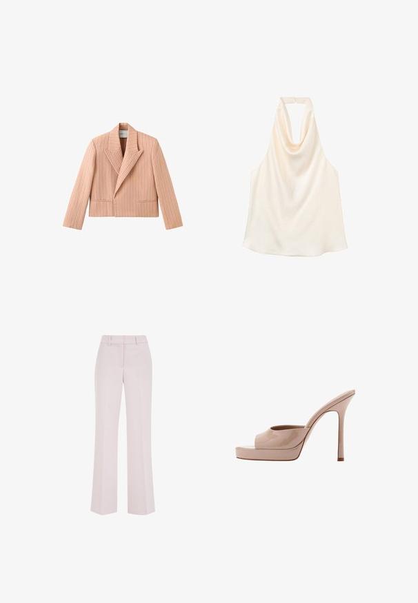 Blazer court rose clair à rayures verticales, larges revers et manches longues, présenté sur fond blanc.; Haut sans manches couleur crème avec un col bénitier drapé et une fermeture par agrafe dans le dos.; Pantalon rose pâle à jambes droites avec passants de ceinture et détails de couture avant, présenté sur un fond blanc.; Mule nude brillante à talon haut, bout ouvert, semelle plateforme et talon aiguille, montrée de profil sur fond blanc.