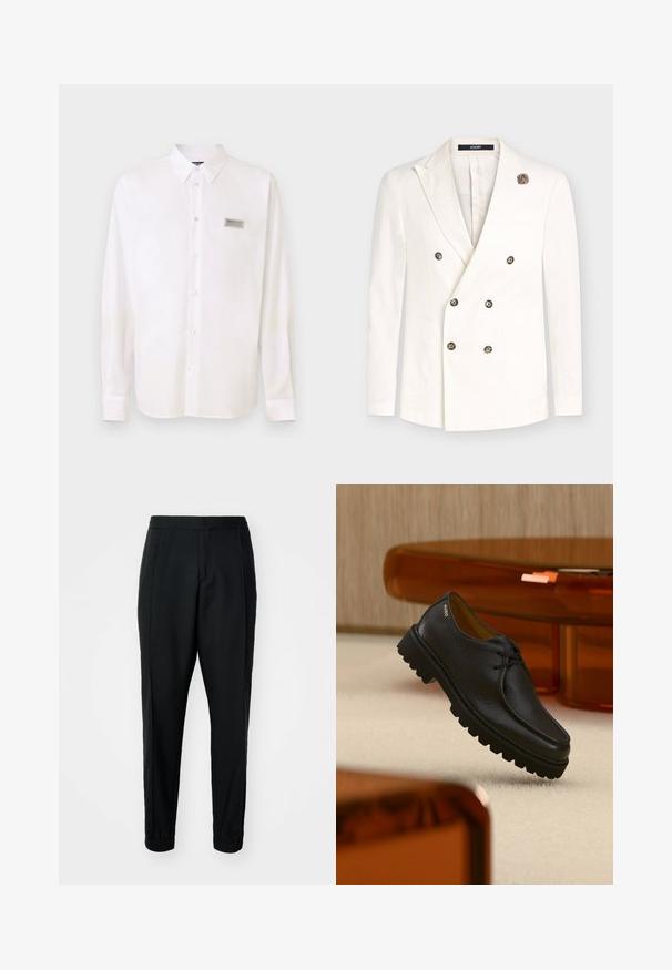Blazer blanc croisé à six boutons foncés, avec revers crantés, deux poches frontales et une petite broche fleur beige sur le revers gauche.; Chemise blanche à manches longues en tissu lisse, dotée d'un devant boutonné, d'un col pointu et d'une petite étiquette de logo sur la poitrine gauche.; Pantalons noirs fuselés en tissu lisse, avec taille élastique et poignets. Présente des plis à l'avant pour un aspect ajusté.; Chaussure à lacets en cuir noir texturé avec une semelle épaisse à rainures, marquée "HUGO" près du talon, présentée sur un tapis beige et un mobilier ambre.