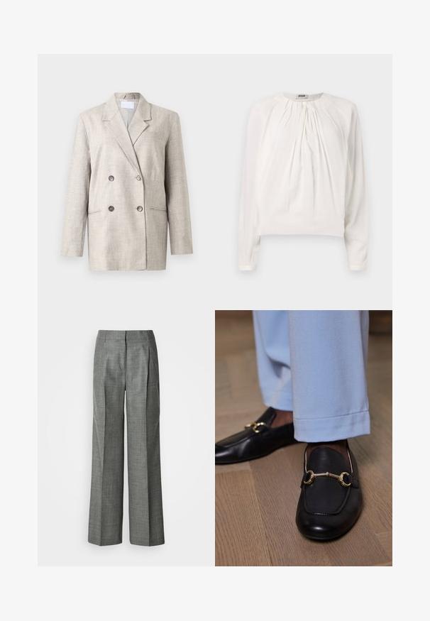 Blazer beige à double boutonnage en tissu texturé. Doté d'un col à revers, de deux poches avant et de boutons gris. Coupe structurée avec des manches longues.; Blouse blanche à manches longues avec un col rond et un devant plissé. Tissu doux et lisse avec une coupe décontractée et un détail de bouton au col.; Pantalon gris à jambes larges en tissu texturé, avec des plis, un devant plat et une coupe droite. Pas de poches visibles ni d'ornements.; Mocassins en cuir noir avec un détail en métal doré portés avec un pantalon bleu clair sur un sol en bois.