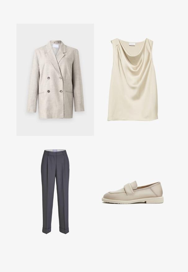 Beige dubbelzijdig blazer in textured stof. Voorzien van een notch revers, twee voorzakken en grijze knopen. Gestructureerde pasvorm met lange mouwen.; Mouwloos crèmekleurig satijnen topje met een gedrapeerde col met draperieën en een klein plooidetail op één schouder.; Donkergrijze op maat gemaakte broek met een recht gesneden ontwerp, geplooid voorpand en omslagmanchetten. Gemaakt van soepel materiaal, met een klassieke tailleband.; Beige leren loafers met een gladde textuur, met een verhoogde band over de bovenkant en een lage, platte rubberen zool.