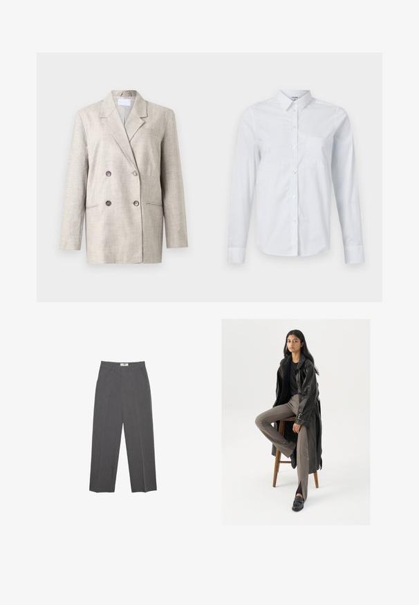 Blazer beige à double boutonnage en tissu texturé. Doté d'un col à revers, de deux poches avant et de boutons gris. Coupe structurée avec des manches longues.; Chemise blanche à manches longues en coton, avec col, ouverture boutonnée à l'avant, et une poche poitrine unique. Texture lisse. Sans motifs.; Pantalons droits gris en tissu texturé, avec une taille mi-haute, des passants de ceinture et des poches latérales. Aucun motif ou accent visible.; Manteau trench en cuir noir avec des boutons et une ceinture, associé à un pantalon ajusté marron clair et des mocassins noirs, assis sur un tabouret en bois.