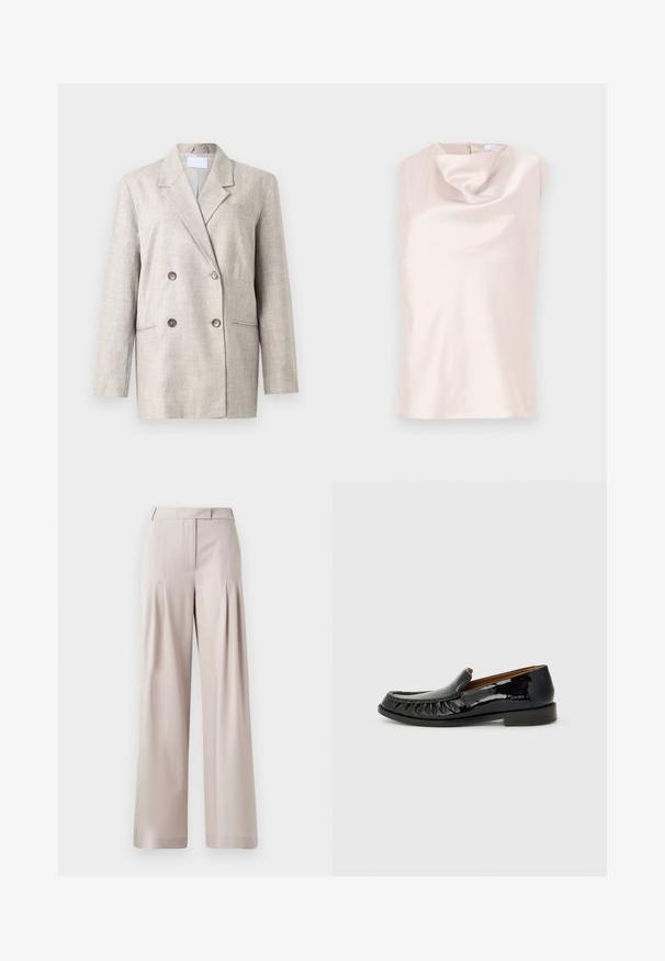 Blazer beige de doble botonadura en tejido texturizado. Presenta un cuello con muesca, dos bolsillos frontales y botones grises. Ajuste estructurado con mangas largas.; Top sin mangas de aspecto sedoso en un suave beige con un escote drapeado en forma de cuello de cisne. Cuenta con una cremallera trasera discreta y una textura lisa y brillante.; Pantalones de pierna ancha en color beige con una textura suave, diseño con pliegues en la parte delantera y una cintura ajustada. Aptos para ocasiones formales o informales.; Mocasines de charol negro con un diseño de flecos en la parte delantera y puntera redonda. La suela es plana y texturizada para mayor agarre.