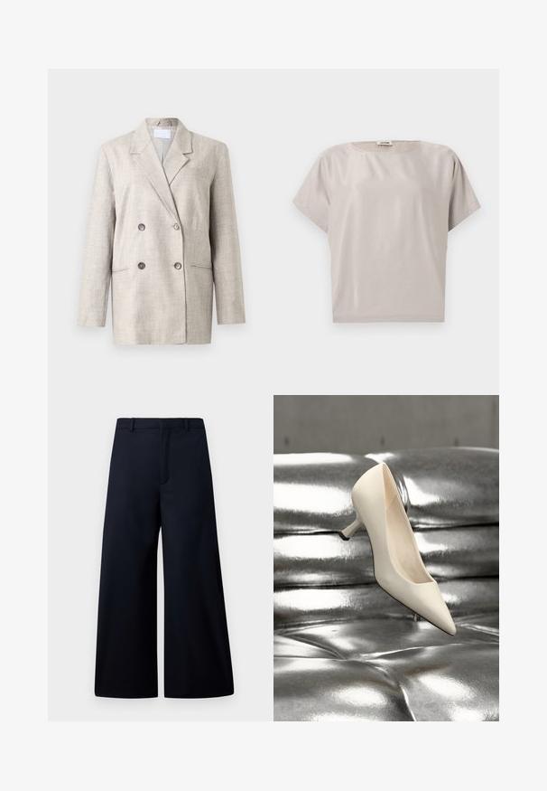 Beige dobbeltrækket blazer i tekstureret stof. Har en klapkrave, to forreste lommer og grå knapper. Struktureret pasform med lange ærmer.; Beige kortærmet bomuldsbluse med rund halsudskæring, løs pasform og en lille etiket på indersiden af halskanten bagpå.; Breddebenede bukser i mørk navy, lavet af et glat stof. Har en flad talje, en frontfals og ingen synlig hardware eller mønstre.; Spids tå højhælet sko i blankt hvidt materiale med en slank hæl. Designet har en sort detalje på hælen og en glat tekstur.