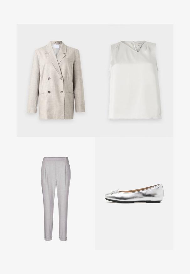 Beige dubbelzijdig blazer in textured stof. Voorzien van een notch revers, twee voorzakken en grijze knopen. Gestructureerde pasvorm met lange mouwen.; Mouwloze witte blouse met V-hals, subtiele plooien bij de schouders en ritssluiting aan de achterkant, getoond tegen een effen achtergrond.; Grijze lichte broek met een geplooide voorkant, een elastische tailleband en boorden aan de onderkant. De stof heeft een subtiele textuur.; Zilveren ballet flats met een metallic afwerking, ronde neus, decoratieve strik aan de voorkant en een zwarte rubberen zool. Gladde textuur.