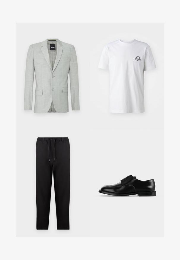 Blazer gris clair avec un motif texturé, deux boutons, revers crantés et poches latérales. L'intérieur présente une doublure à motif subtil.; T-shirt en coton blanc avec un petit motif brodé noir sur la poitrine ; manches courtes et style col rond classique.; Pantalon noir droit avec taille élastique, cordon réglable et fermeture par bouton, présenté sur un fond uni.; Chaussure de ville pour homme en cuir noir avec lacets, finition lisse et talon bas, vue de profil sur un fond clair uni.