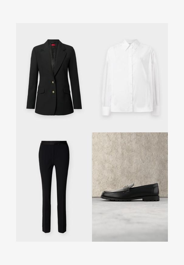 Sort blazer med en skræddersyet pasform, enkeltstående design, gyldne knapdetaljer, to forlommer og slidsed krave. Glat stoftekstur.; Hvid langærmet skjorte med knapper i en blød bomuldsblanding. Har en klassisk krave, frontlukning med knapper og rundede manchetter.; Sorte skræddersyede formelle bukser med frontlynlås og linning, designet til et tilpasset og poleret udseende.; Sorte læder loafers med en hævet søm, guld accentlogo og tekstureret rem. Har en tykk, holdbar gummisål.