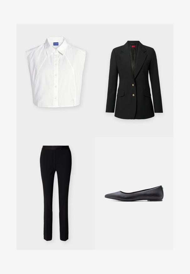 Blazer noir à coupe ajustée, design à un bouton, accents en boutons dorés, deux poches avant et col cranté. Texture de tissu lisse.; Chemise blanche sans manches à col boutonné devant, avec étiquette de la marque Hugo à l’intérieur du col et logo brodé subtil près de l’ourlet.; Pantalon slim noir formel avec fermeture éclair à l'avant et taille avec ceinture, conçu pour un look ajusté et soigné.; Chaussure plate en cuir noire à bout pointu avec petit talon, vue de profil sur fond blanc.