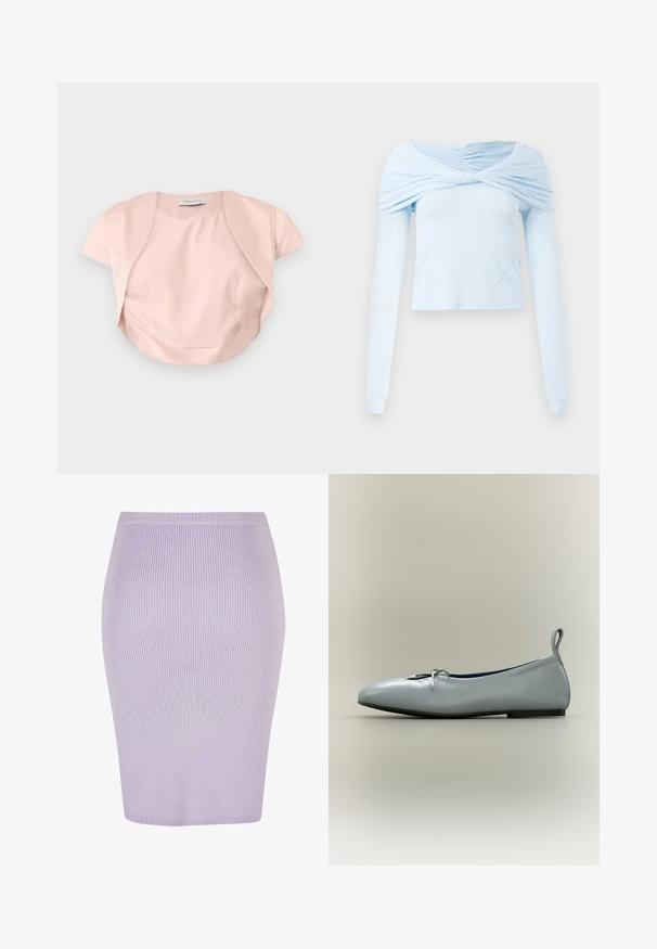 Lyserød kortærmet bolerojakke med åben front og buet kant, lavet af glat stof, lagt fladt på en grå baggrund.; Lyseblå langærmet bluse med indsamlet off-shoulder design og blød tekstur, der har en tætsiddende pasform og diskret sømdetaljering.; Ribbet blyantnederdel i lys lilla med en tætsiddende design. Har en høj talje, glat tekstur og knælang længde.; Lysegrå læder balletsko med lille sløjfe foran og en løkke til trækflig ved hælen, vist på en neutral baggrund.