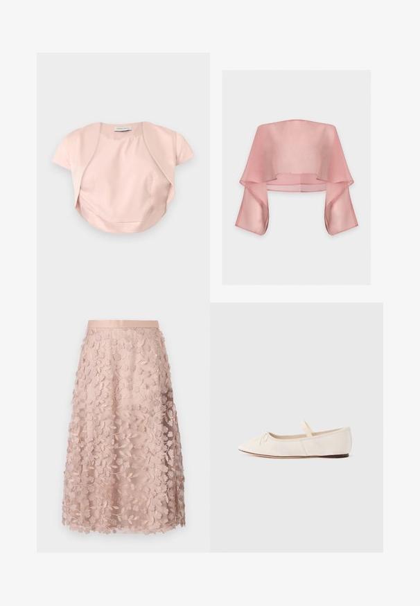 Boléro rose pâle à manches courtes avec devant ouvert et ourlet courbé, confectionné en tissu lisse, étalé à plat sur un fond gris.; Crop top rose transparent aux épaules dénudées avec des manches larges et fluides et un design ample et superposé.; Jupe midi en dentelle rose doux avec broderies florales, dotée d'une taille ajustée et d'un design superposé, soulignant une texture délicate.; Ballerines en daim beige clair, bout pointu et fine bride élastique sur le dessus. Semelle plate avec un léger accent en caoutchouc.