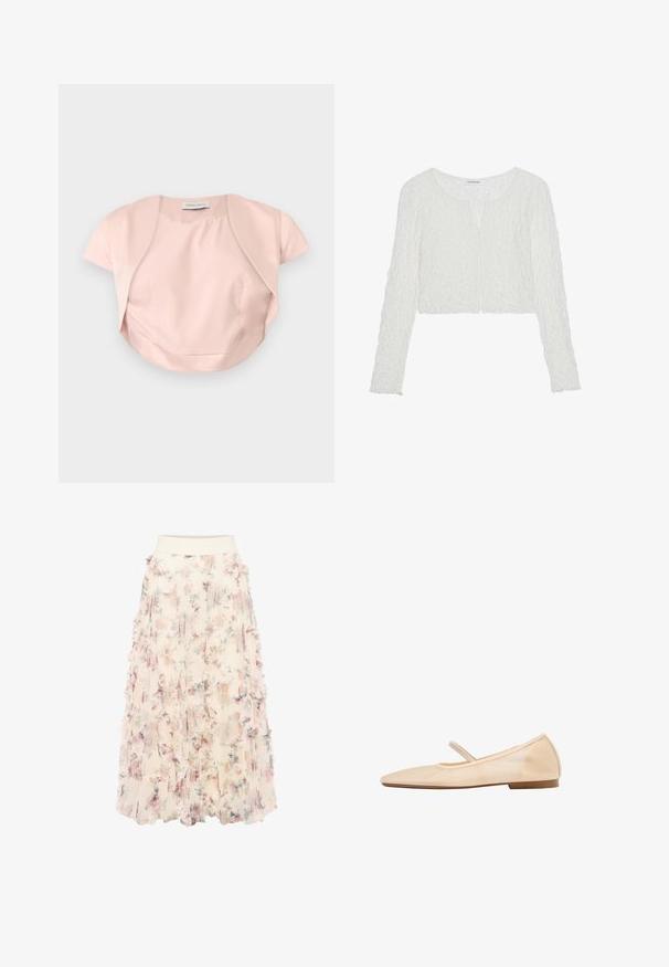 Boléro rose pâle à manches courtes avec devant ouvert et ourlet courbé, confectionné en tissu lisse, étalé à plat sur un fond gris.; Even&Odd by Zalando T-shirt à manches longues - off white; zero MIT BLUMENPRINT - Jupe trapèze - cream pink; Chaussure de ballet plate beige avec un bout arrondi, une fine bride sur le cou-de-pied et un petit talon.