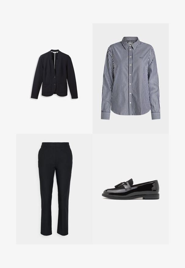 Zwarte op maat gemaakte blazer met notch-kraag, twee knopen aan de voorkant, lange mouwen en twee opgestikte zakken aan de voorkant, getoond op een witte achtergrond.; Blouse met lange mouwen en knopen, met verticale marineblauwe en witte strepen en een klassieke kraag, afgebeeld op een effen achtergrond.; Zwarte op maat gemaakte broeken met een rechte pijp, gemaakt van soepel materiaal. Heeft een tailleband zonder zichtbare sluitingen of zakken.; Zwarte patentleren instappers met een ronde neus, decoratieve zwarte suède band en platte rubberen zool. Glad oppervlak met een glanzende afwerking.