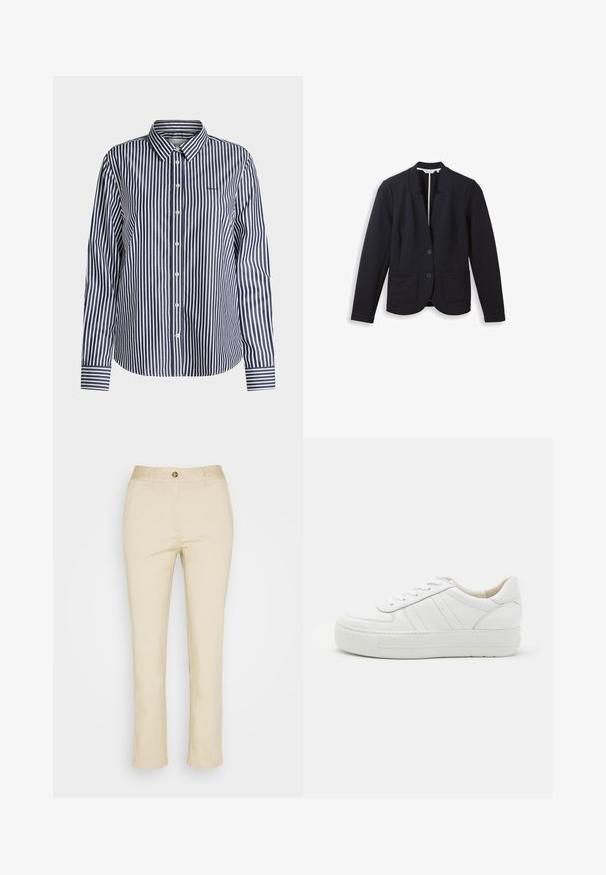 Blazer noir sur mesure avec col cranté, deux boutons à l'avant, manches longues, et deux poches plaquées à l'avant, présenté sur fond blanc.; Chemise à manches longues boutonnée avec des rayures verticales bleu marine et blanches et un col classique, présentée sur un fond uni.; Pantalon en coton beige avec une coupe droite, doté d'une fermeture à bouton à l'avant et de poches latérales. Texture lisse et détails minimalistes.; Baskets en cuir blanc avec une tige texturée, un col rembourré et une semelle en caoutchouc plate. Présente des coutures discrètes et un design classique à lacets.