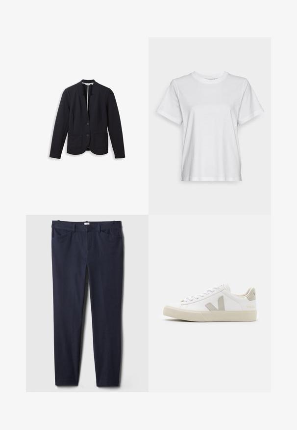 Sort skræddersyet blazer med hakket krave, to forreste knapper, lange ærmer og to forreste påsatte lommer, vist på hvid baggrund.; Hvid bomulds T-shirt med korte ærmer, rund hals og en afslappet pasform. Glat tekstur, uden mønstre eller grafik, enkel design.; Marineblå bukser lavet af blødt stof med en glat tekstur, lige ben, to forlommer og bæltestropper.; Hvide sneakers lavet af læder med grå V-logo detaljer, struktureret gummisål, hvide snørebånd samt polstret tunge og krave.