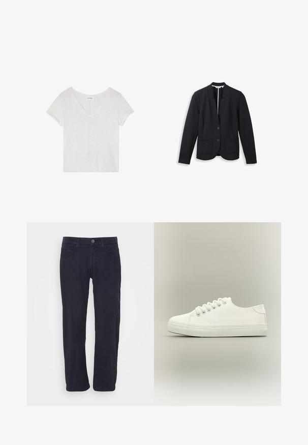 Blazer negro entallado con cuello de muesca, dos botones frontales, mangas largas y dos bolsillos parche delanteros, exhibido sobre fondo blanco.; Camiseta cortada blanca con escote en V y mangas cortas, hecha de una tela ligera y ligeramente texturizada. Mínimas etiquetas visibles cerca del cuello.; Marc O'Polo 5 POCKET MID WAIST SLIM FIT 7 8 LENGTH - Pantalones - deep blue sea; Zapatilla blanca baja con cordones blancos y suela de goma mostrada desde vista lateral sobre un fondo neutro.