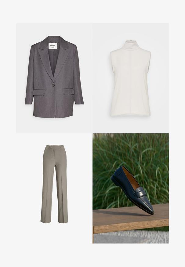 ONLY ONLHATTIE - Blejzer - dark grey melange; Bezramenný biely rolák z hladkej tkaniny, s centrálnym švom a jemnou logom na spodnej časti. Minimalistický dizajn.; Svetlo šedé nohavice s širokými nohavicami vyrobené z hladkej tkaniny so strihaným pásom, prednými záhybmi a bočnými vreckami.; Čierny pánsky kožený mokasín s detailom remienka, balansujúci na okraji drevenej lavičky proti rozostrenému pozadiu zelenej trávy.