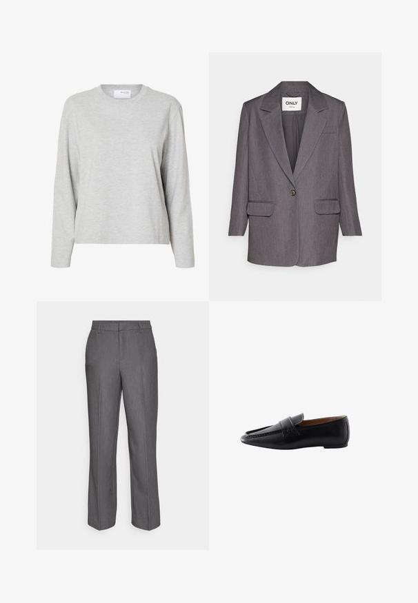 ONLY ONLHATTIE - Blazer - dark grey melange; Sudadera gris claro de manga larga y cuello redondo con un corte holgado y sin patrones o logotipos visibles.; Pantalones grises a medida con un diseño de pierna recta, hechos de una tela suave con sutiles rayas verticales. Incluyen trabillas para cinturón y bolsillos.; Mocasín slip-on de cuero negro con diseño moc toe y tacón bajo, mostrado en perfil lateral sobre fondo blanco.
