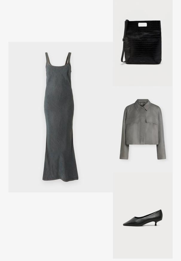 Grå cropped jakke med lange ærmer, spids krave, forlommer med klapper og skjult knaplukning på ensfarvet baggrund.; Denim maxi kjole i mørkeblue med tynde stropper, rund halsudskæring og kontrastsyede kanter og sømme.; Sort lavhælet damesko i læder med spids tå og lille kitten heel på ensfarvet lys baggrund.; Sort faux læder tote taske med krokodilletekstur, rektangulær form, håndtagsskæring i toppen og en aftagelig skulderstrop. Brandlogoet er vist.